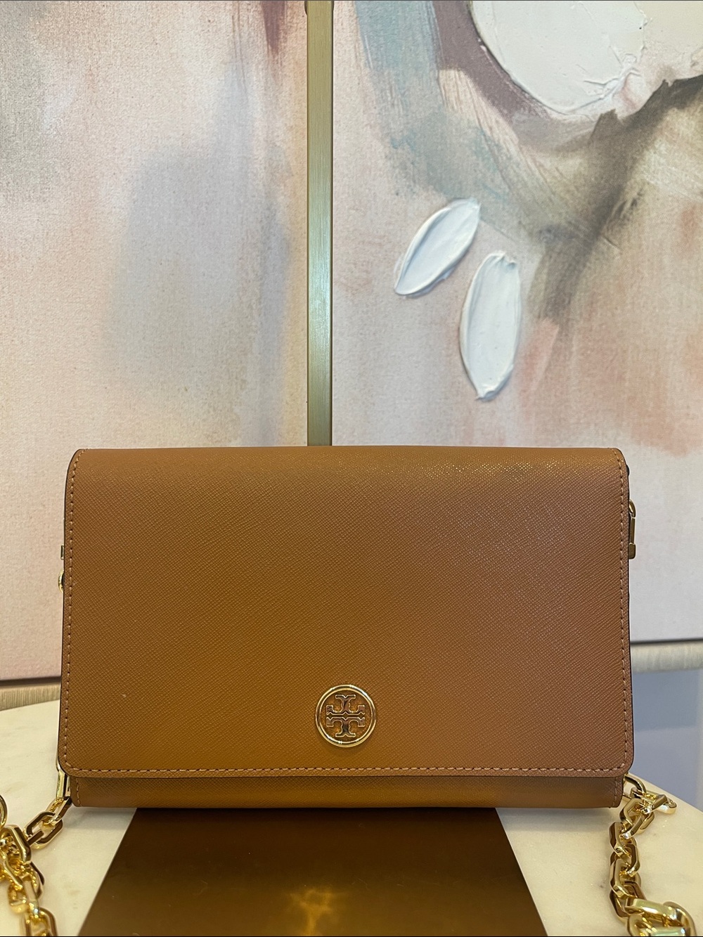 NWOT Tory Burch Tan Clemente Saffiano Leather Crossbody with Gold Logo